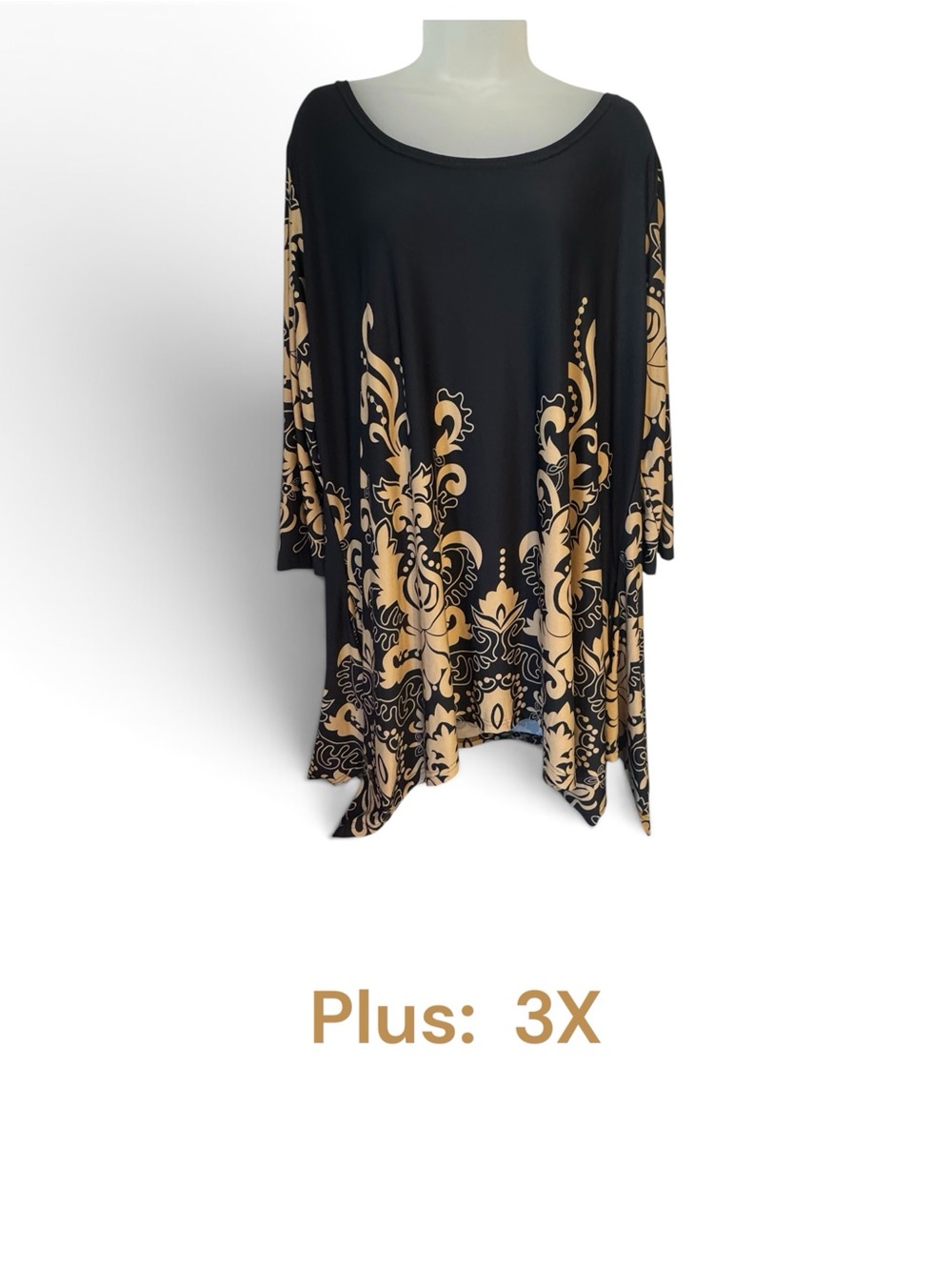 BEAUTIFUL Black Tunic with Tan Baroque Print - Plus 3X #Y